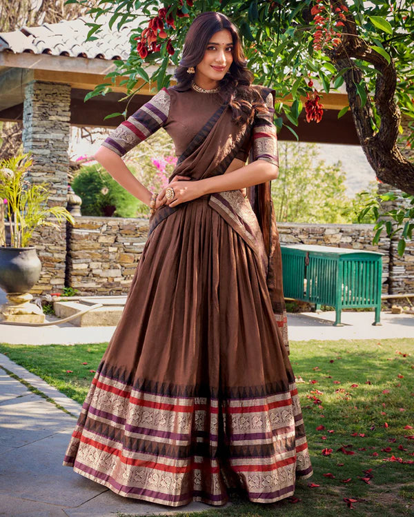 Womenline Brown Color Pure Chanderi Plain Half Saree
