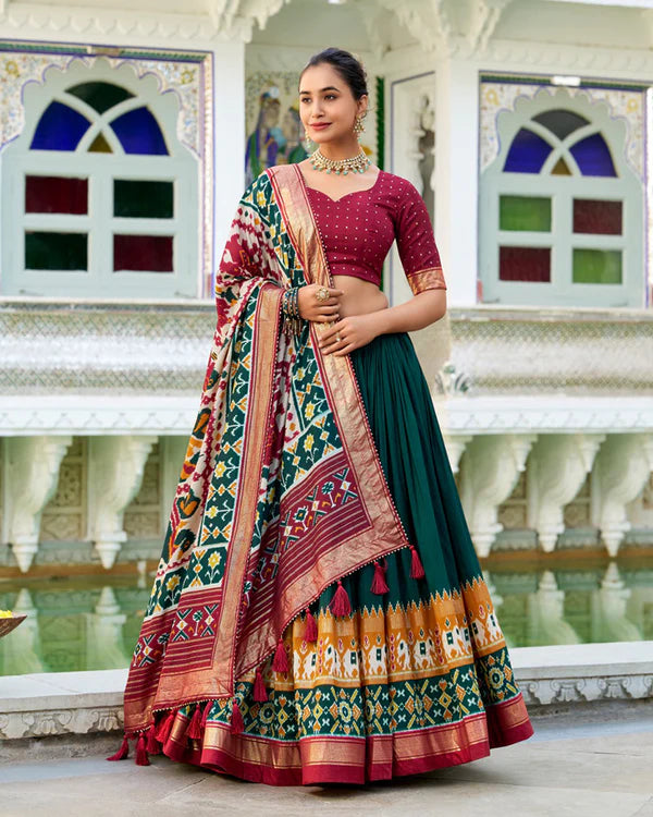 Womenline Green Color Tussar Silk Patola Printed Half Saree