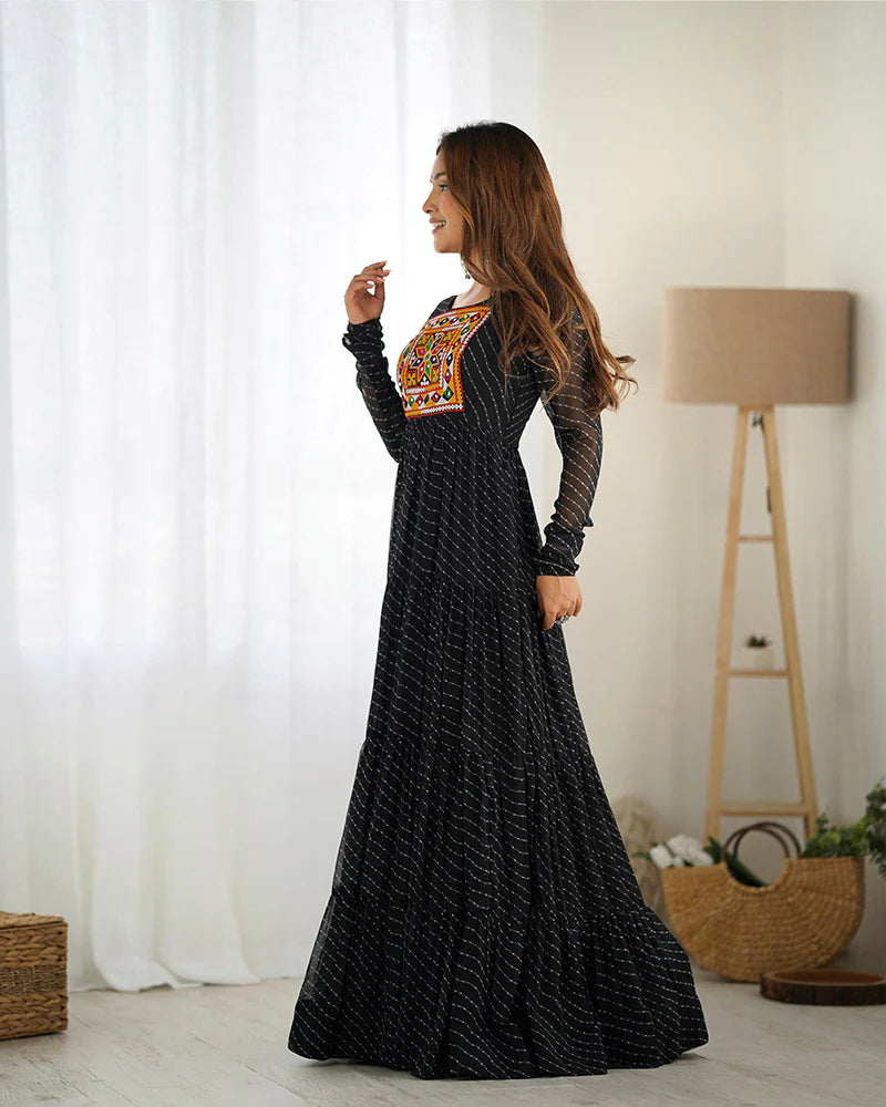 Womenline Black Color Georgette Laheriya Print Navratri Gown