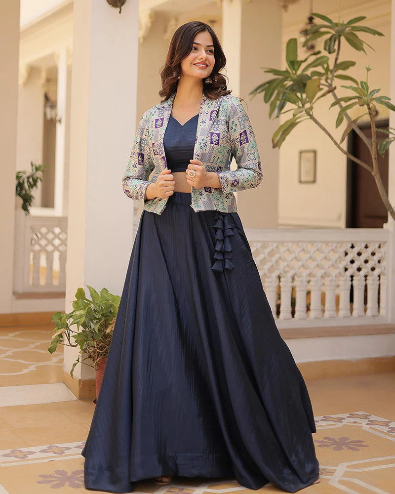Womenline Navy Blue Color Pure Chinnon Lehenga Choli