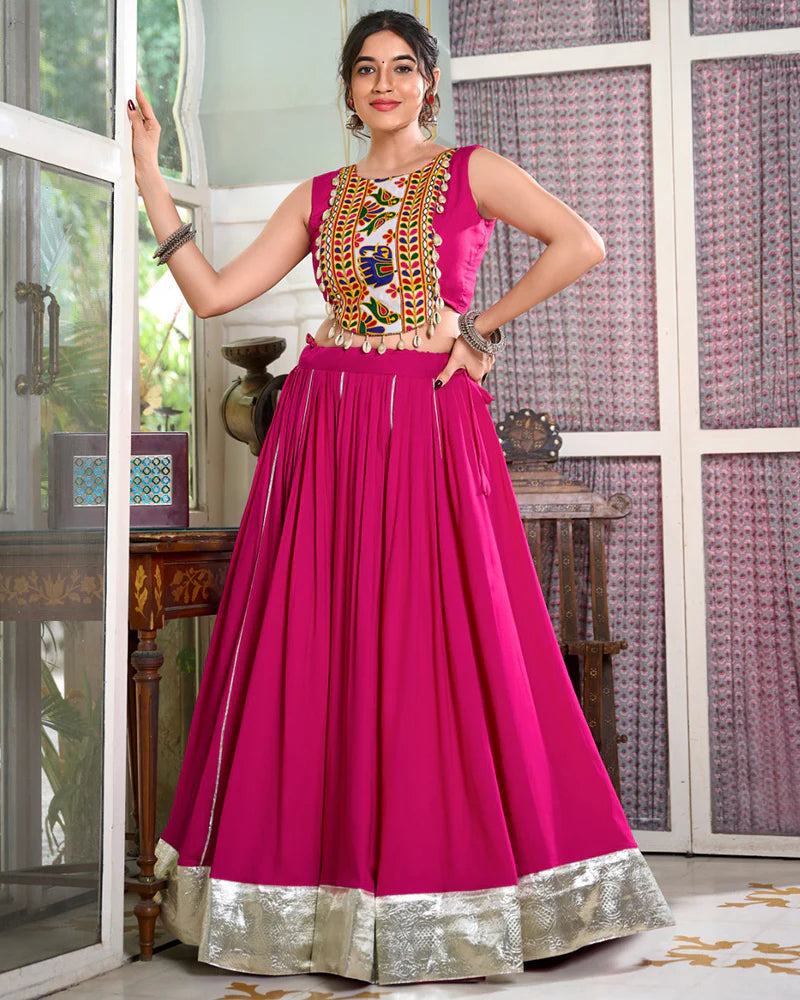 Womenline Pink Color Rayon Navratri Cowrie Touch Up Lehenga Choli