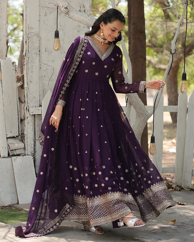 Womenline Designer Purple Color Faux Blooming Embroidered Gown