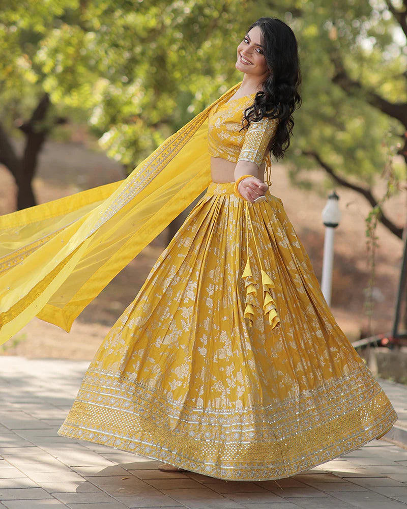 Womenline Yellow Color Pure Viscose Jacquard Lehenga Choli