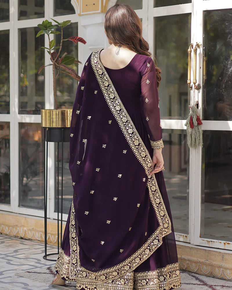 Womenline Wine Color Faux Blooming Embroidered Gown