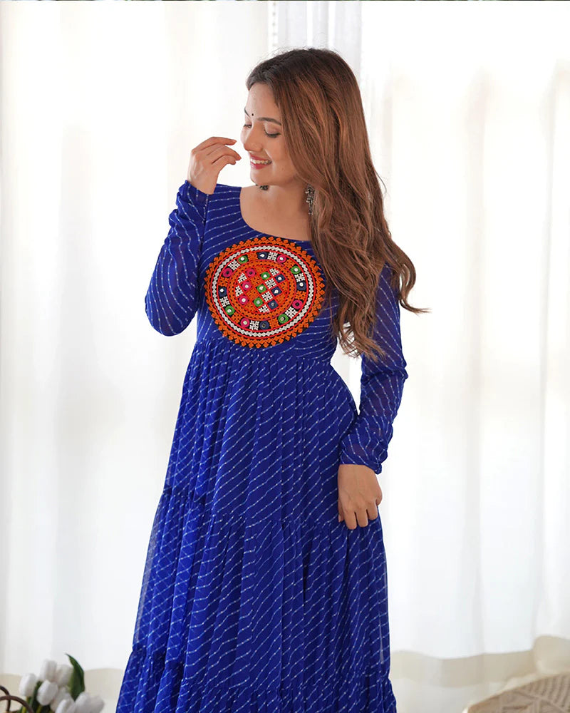 Womenline Royal Blue Color Georgette Laheriya Print Navratri Gown
