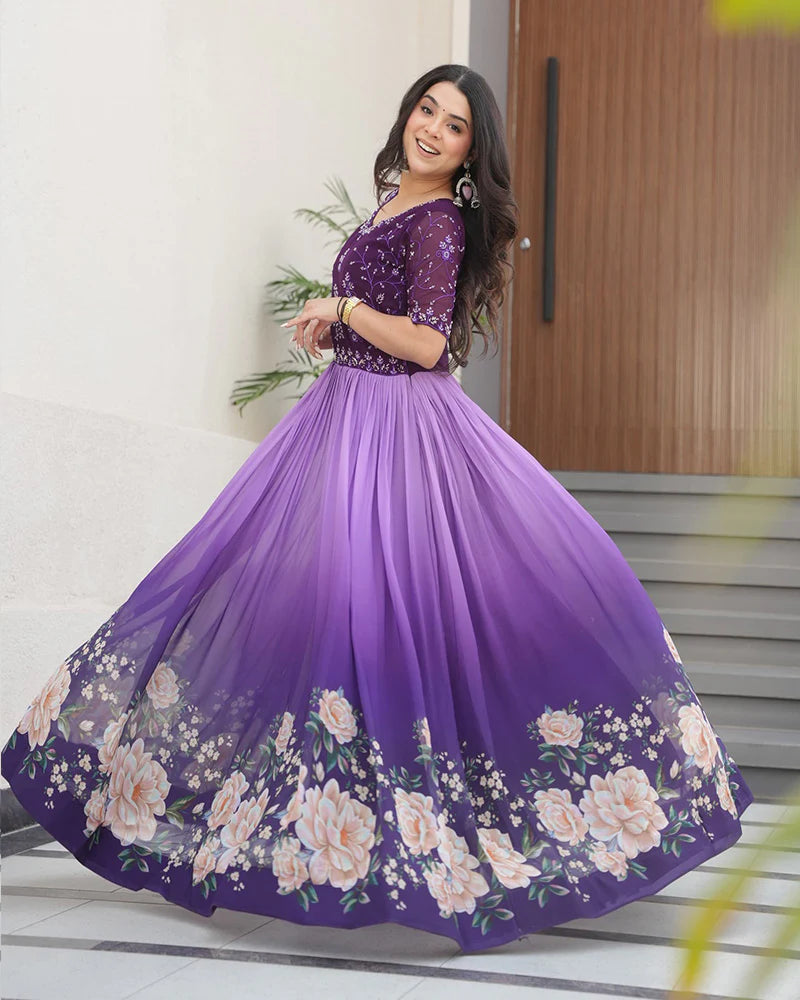 Womenline Purple Color Faux Blooming Embroidered work Gown