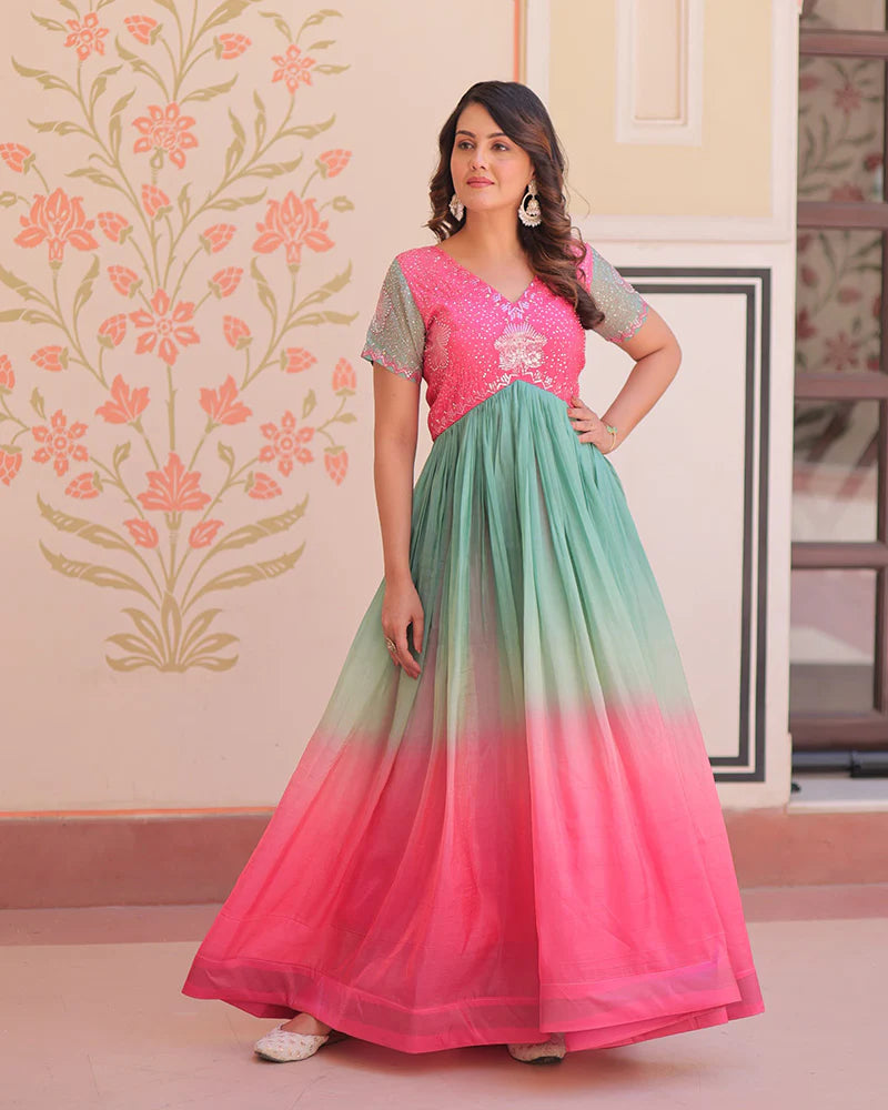Womenline Pink Color Gold Crush Embroidered work Gown