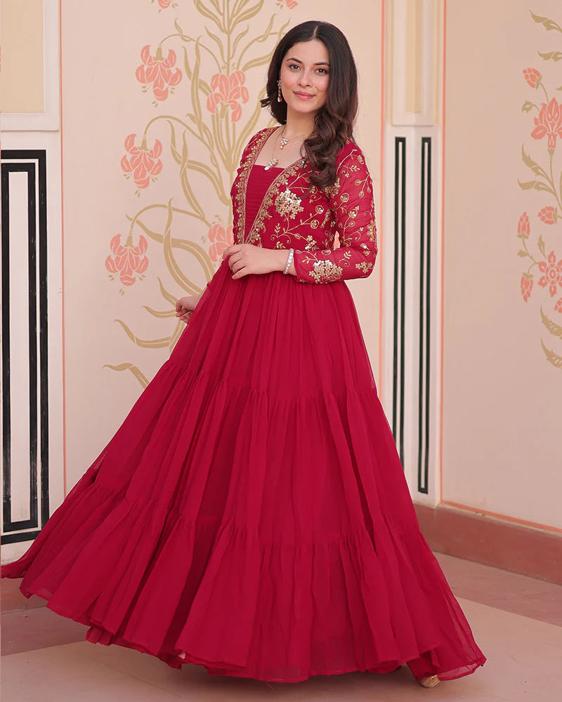 Womenline Elegant Rani Pink Floor-Length Gown With Golden Threadwork