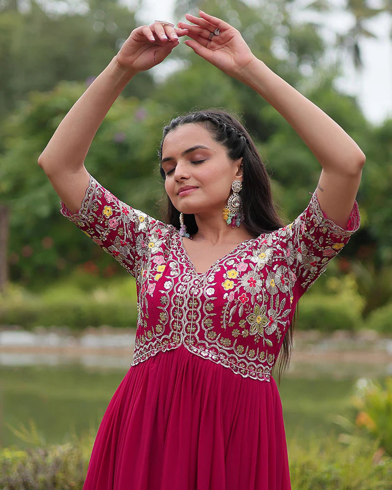 Womenline Rani Pink Color Faux Blooming Embroidered Gown