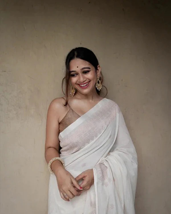 Womenline White Color Banarasi Jacquard Soft Silk Saree