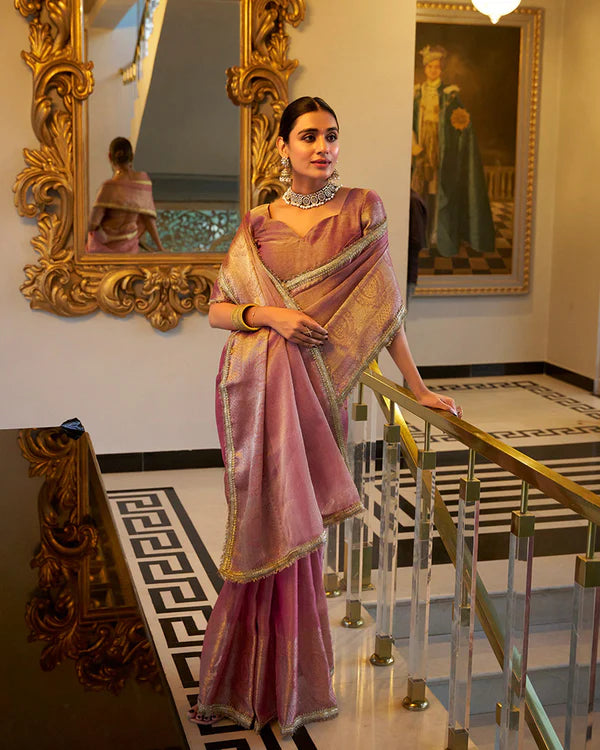 Womenline Light Pink Color Weightless Tissue Shimmer Saree