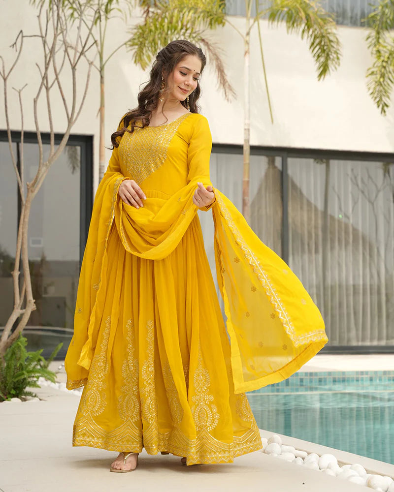 Womenline Yellow Color Faux Blooming Embroidered Gown