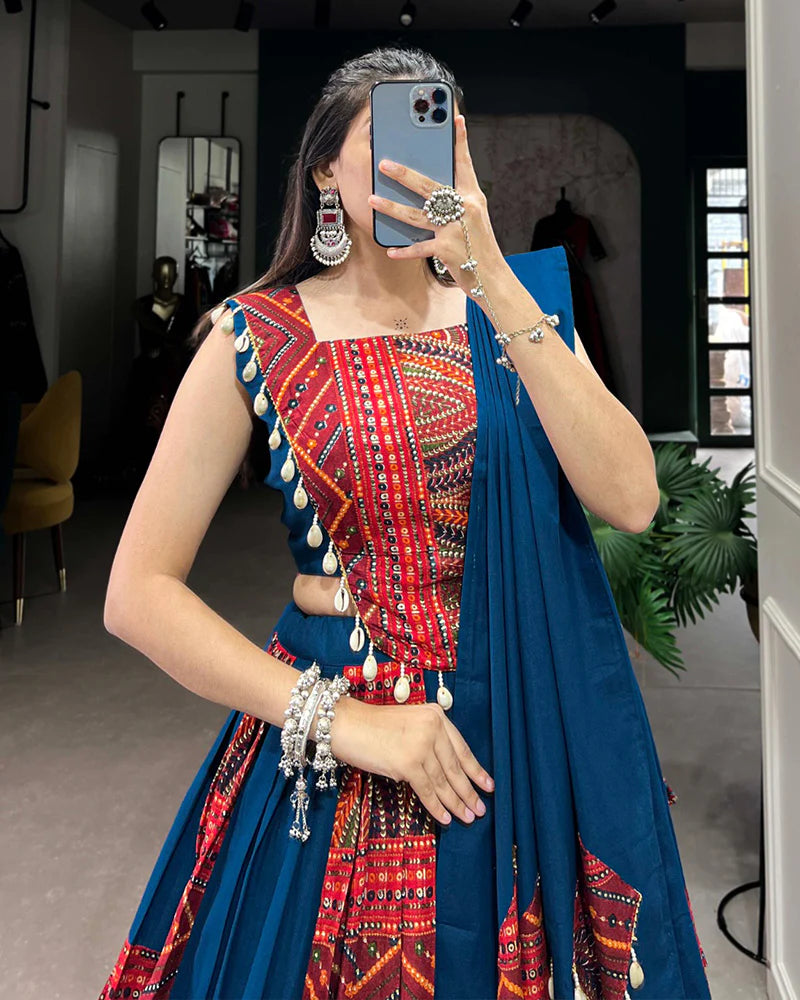 Womenline Blue Color Cotton Foil Printed Navratri Lehenga Choli