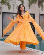 Womenline Yellow Color Laheriya Print Tabby Organza Anarkali Suit