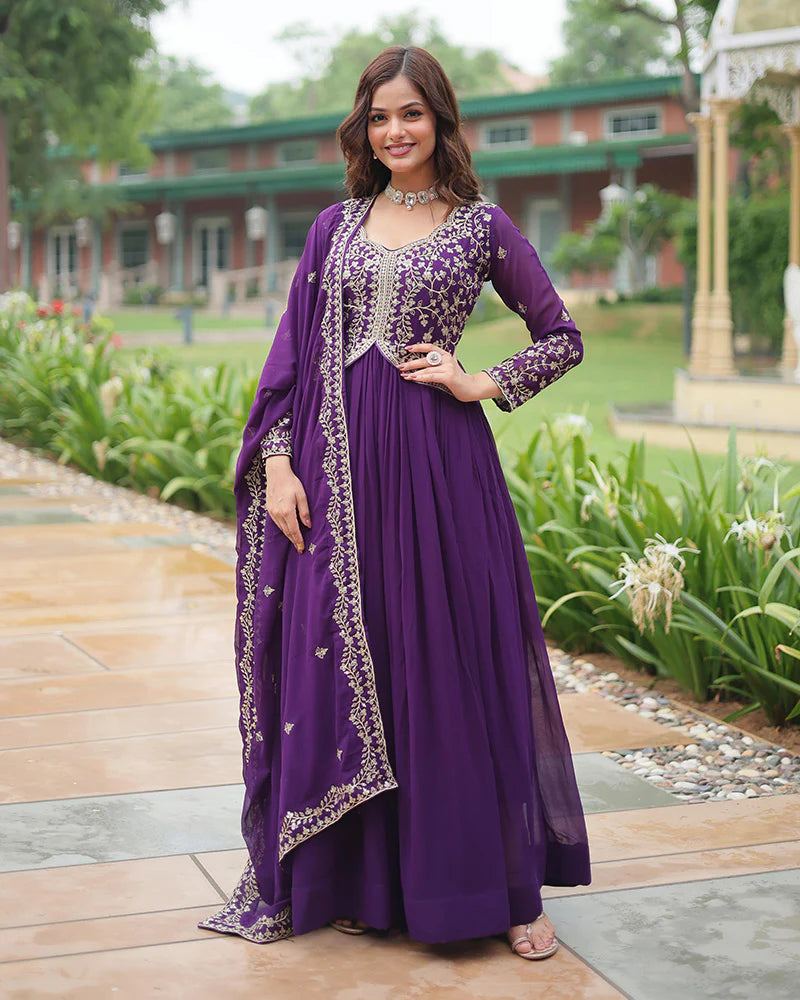 Womenline Purple Color Faux Blooming Multi Embroidered Work Gown