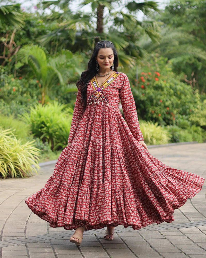 Womenline Maroon Color Cotton Gamthi Work Navratri Gown