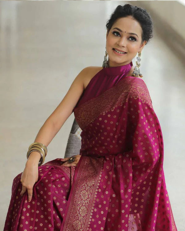 Womenline Wine Color Banarasi Jacquard Soft Silk Saree