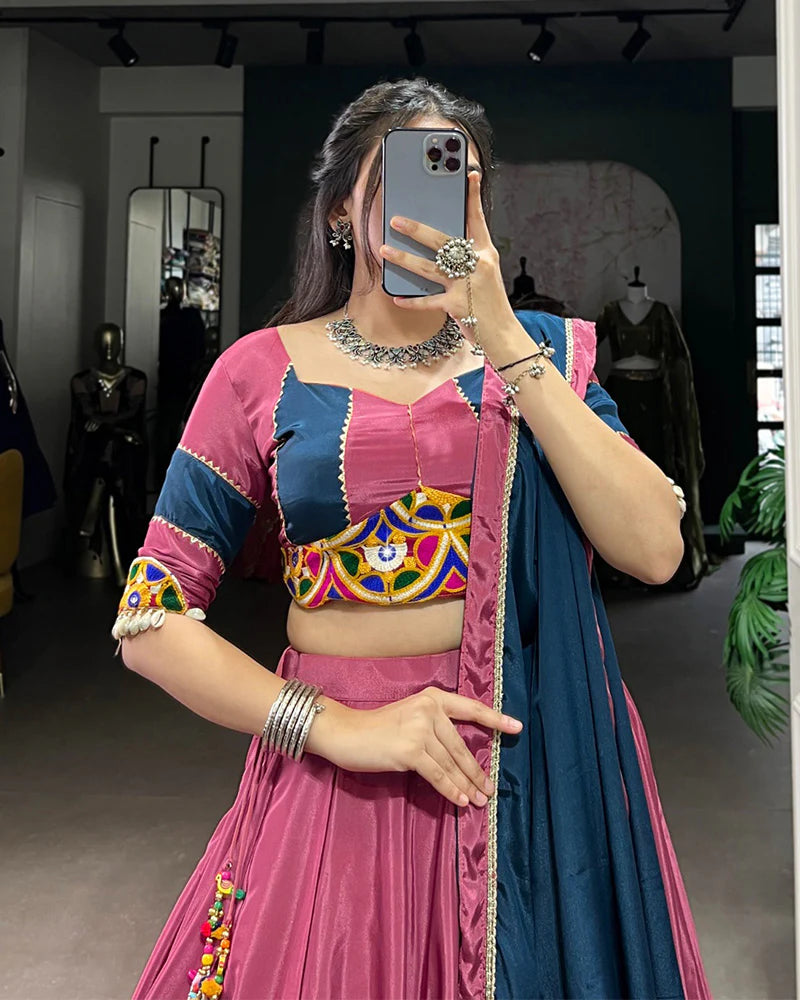 Womenline Graceful Pink And Navy Blue Silk Crape Lehenga Choli With Elegant Dupatta