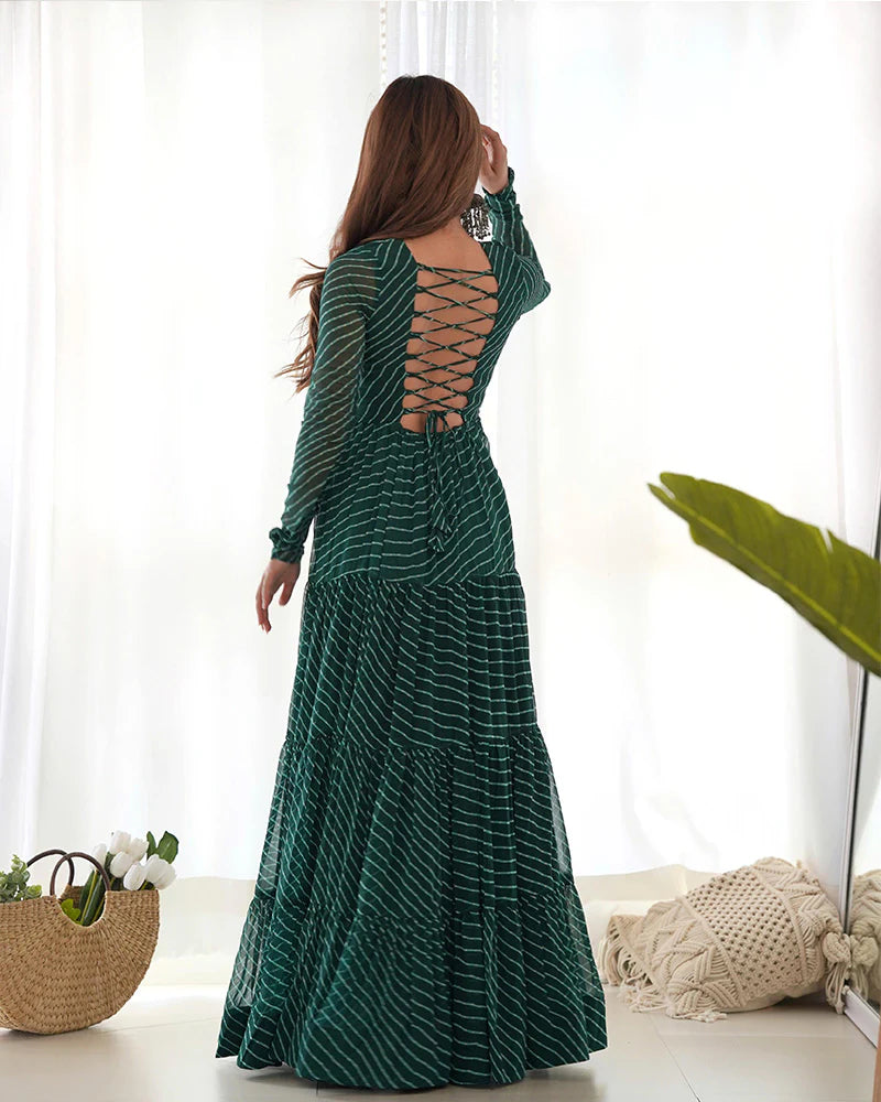 Womenline Green Color Georgette Laheriya Print Navratri Gown