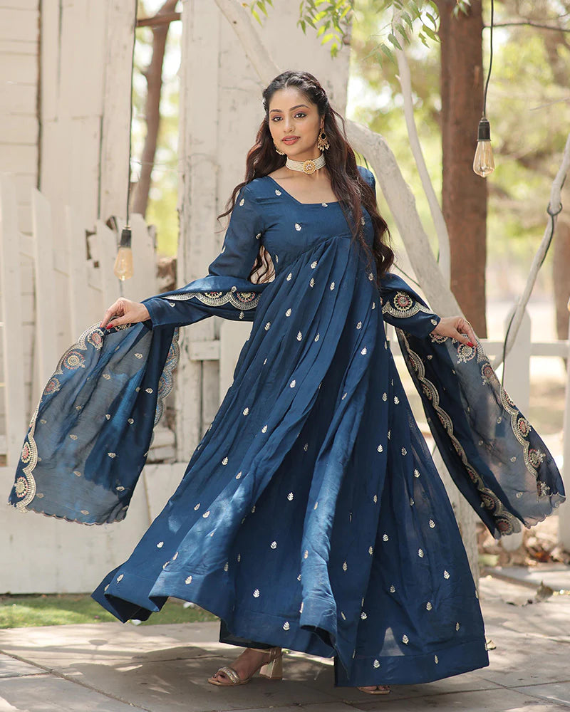 Womenline Rama Color Vichitra Shimmer Sequence Embroidered Gown