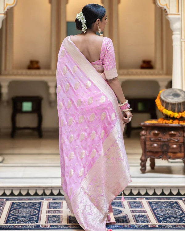 Womenline Baby Pink Color Banarasi All over Jacquard Soft Silk Saree