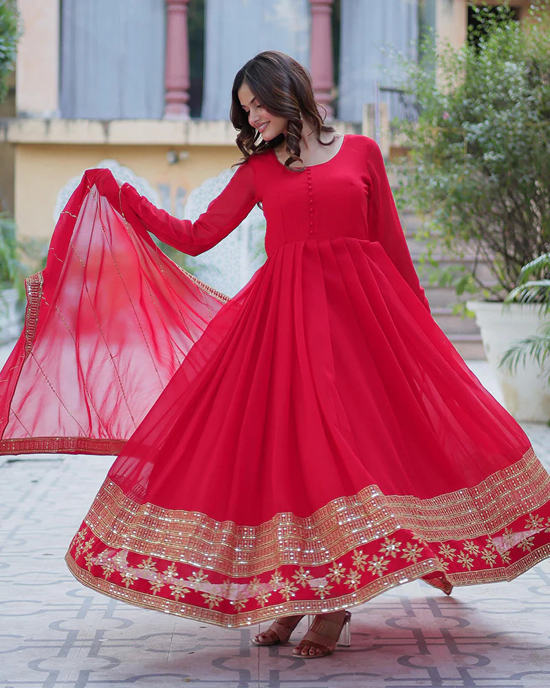 Womenline Exclusive Red Color Attractive Sequence Embroidery Work Gown