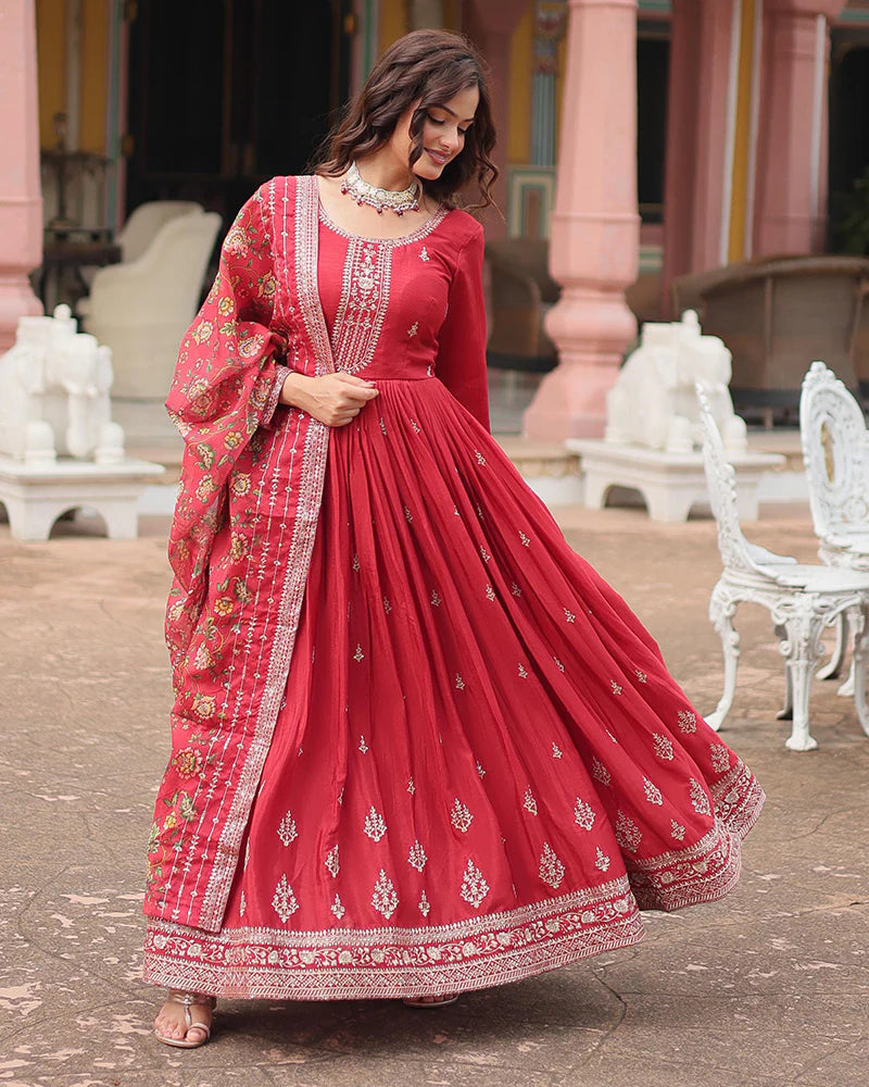 Womenline Maroon Color Chinnon Sequence Embroidered Gown