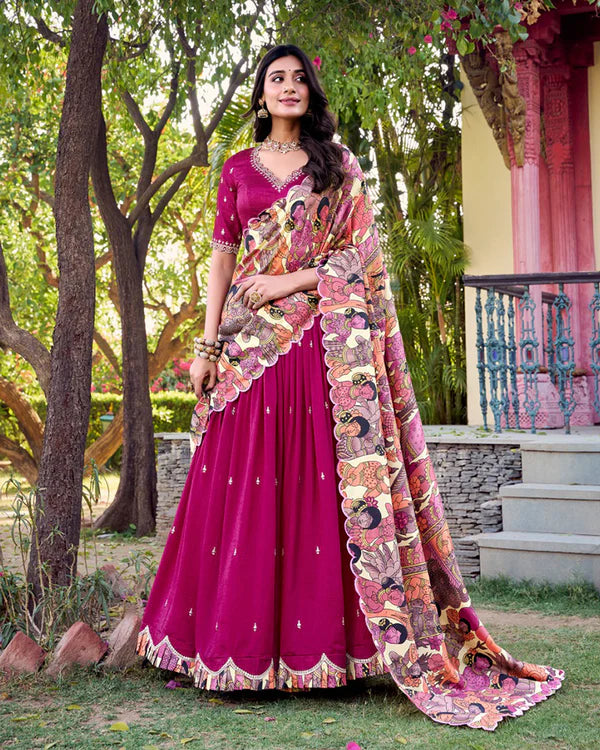 Womenline Pink Color Vichitra Silk Embroidered Half Saree