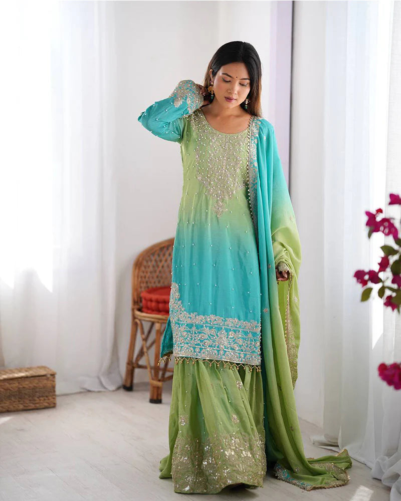 Womenline Pista Green Color Chinnon Sequence Work Plazzo Suit