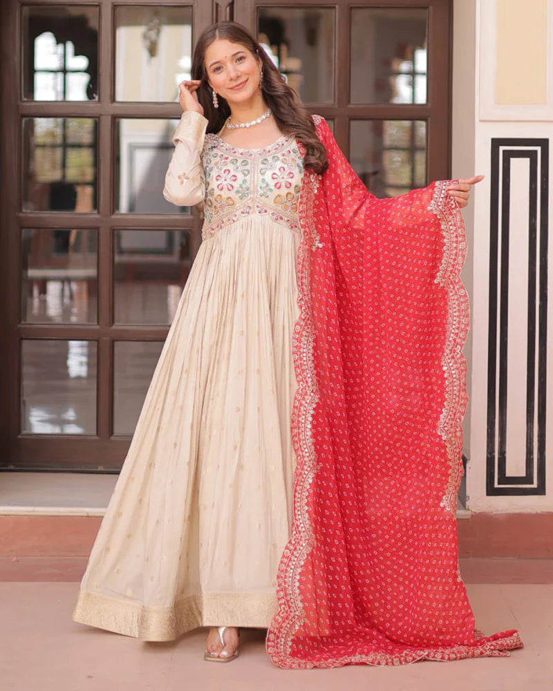 Womenline Off-White Color Jacquard Gown With Red Dupatta