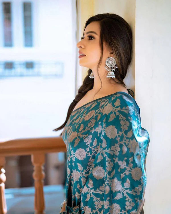 Womenline Rama Color Banarasi Jacquard Soft Silk Saree