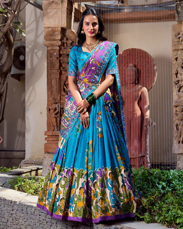 Womenline Firozi Color Tussar Silk Kalamkari Printed Half Saree