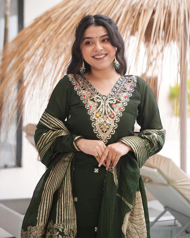 Womenline Green Color Roman Silk Embroidered Three Piece Kurti Suit