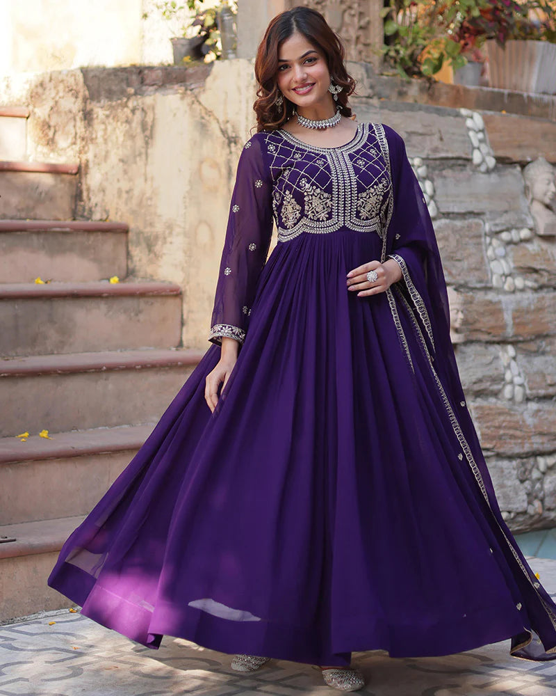 Womenline Purple Color Faux Blooming Embroidered Gown With Dupatta