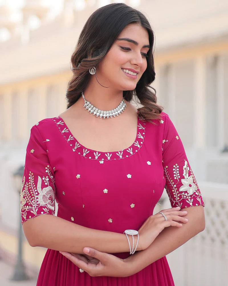 Womenline Pink Color Four Layer Georgette Embroidered Gown