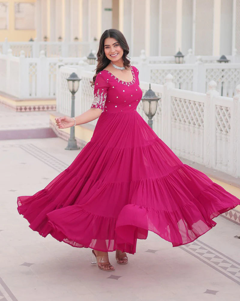 Womenline Pink Color Four Layer Georgette Embroidered Gown