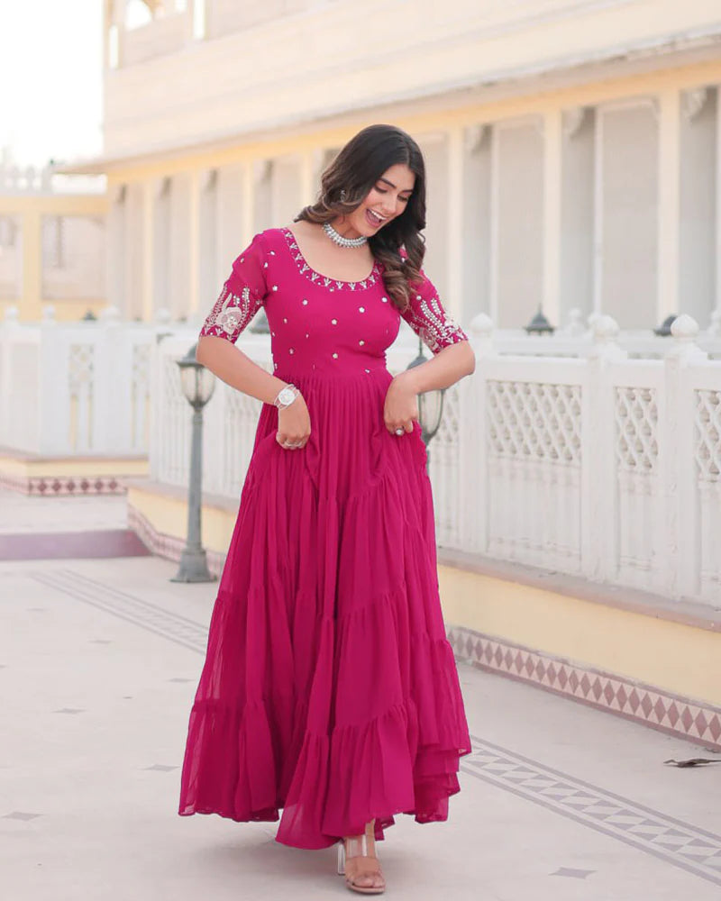Womenline Pink Color Four Layer Georgette Embroidered Gown
