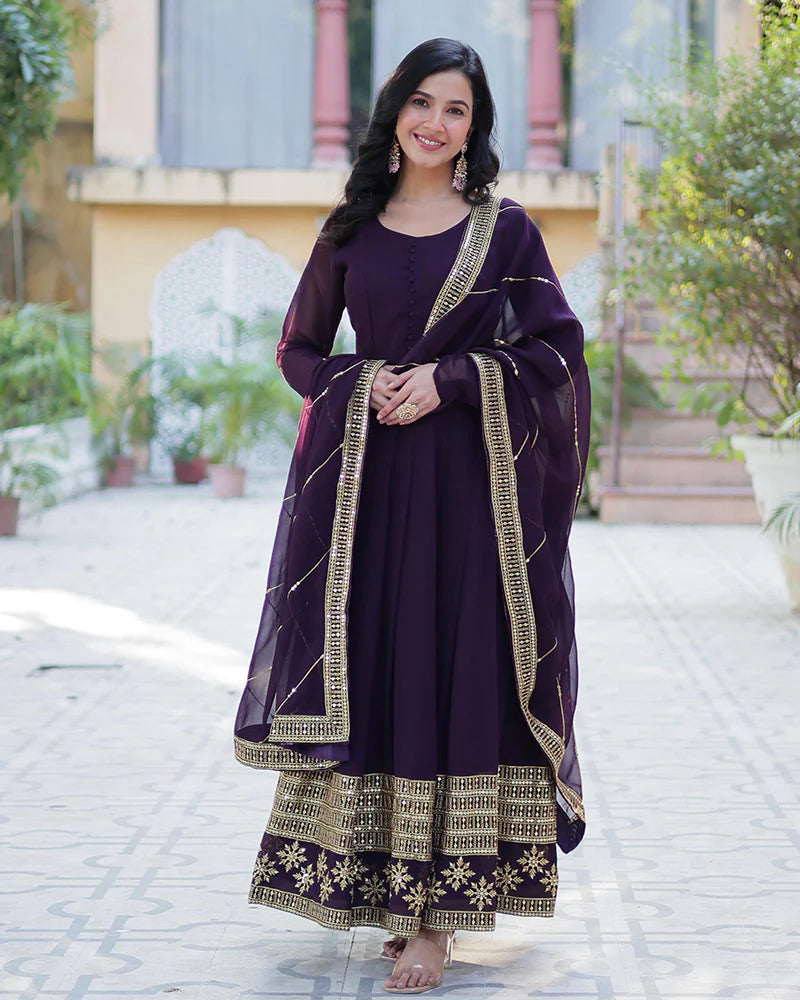 Womenline Exclusive Dark Wine Color Attractive Sequence Embroidery Work Gown