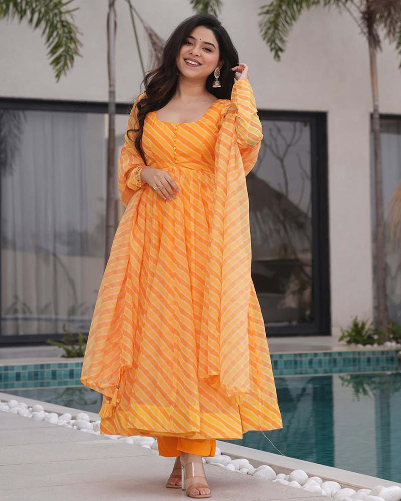 Womenline Yellow Color Laheriya Print Tabby Organza Anarkali Suit