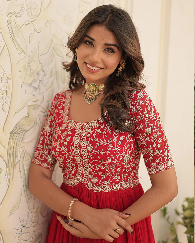 Womenline Red Color Faux Blooming Zari sequence Embroidered Gown