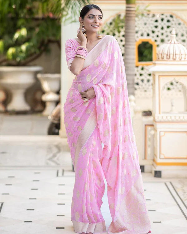 Womenline Baby Pink Color Banarasi All over Jacquard Soft Silk Saree