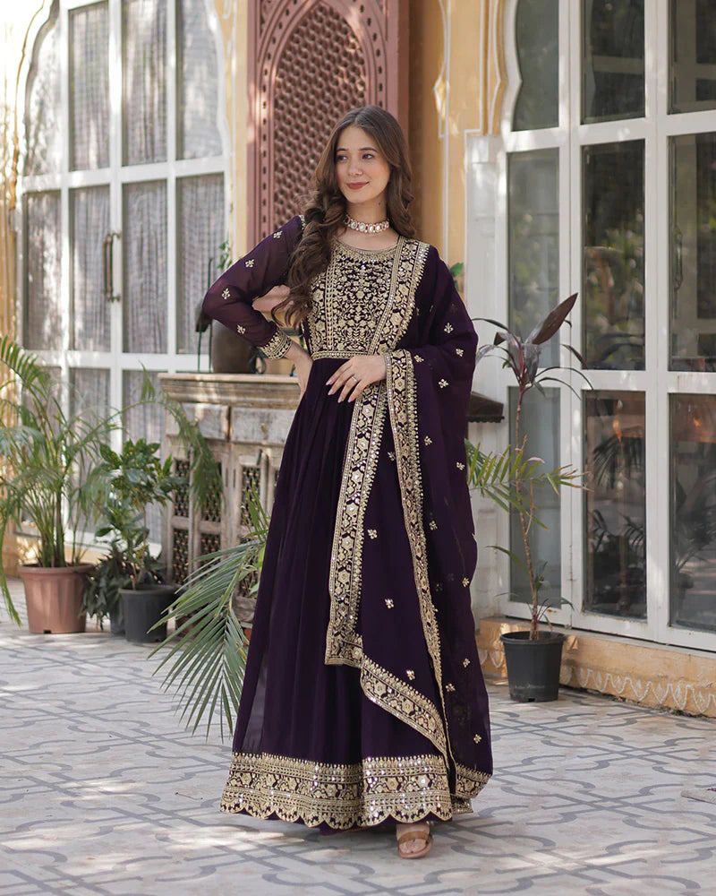 Womenline Wine Color Faux Blooming Embroidered Gown