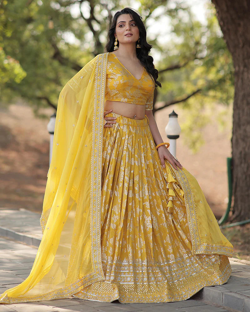Womenline Yellow Color Pure Viscose Jacquard Lehenga Choli