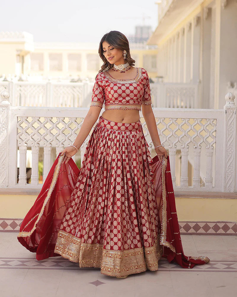 Womenline Red Color Pure Viscose Jacquard Lehenga Choli