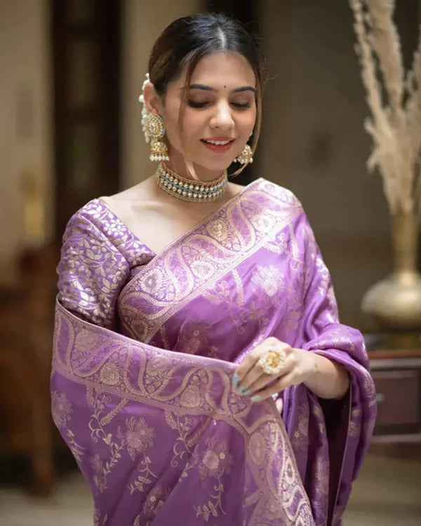 Womenline Lavender Color Banarasi Jacquard Zari Weaving Saree