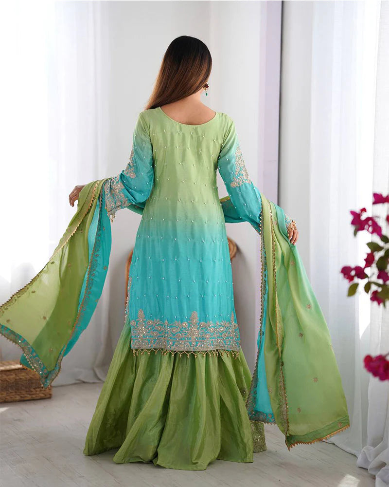 Womenline Pista Green Color Chinnon Sequence Work Plazzo Suit