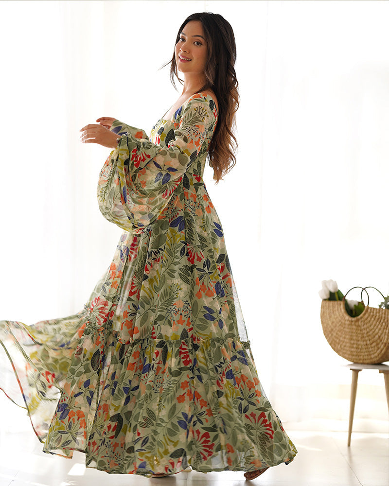 Womenline Maxi Style Pista Color Faux Georgette Gown With Balloon Sleeves