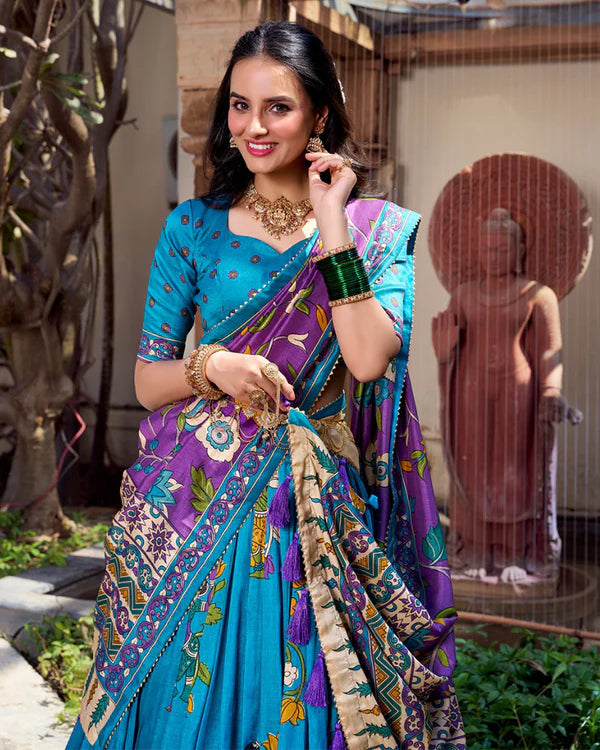 Womenline Firozi Color Tussar Silk Kalamkari Printed Half Saree