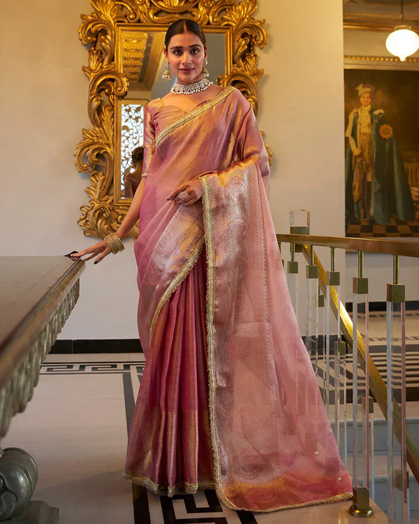 Womenline Light Pink Color Weightless Tissue Shimmer Saree