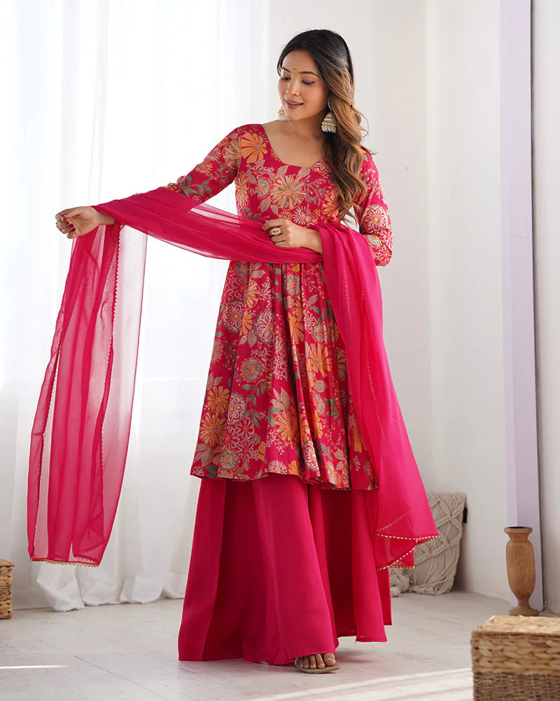 Womenline Rani Pink Color Roman Silk Discharge Printed Plazzo Suit
